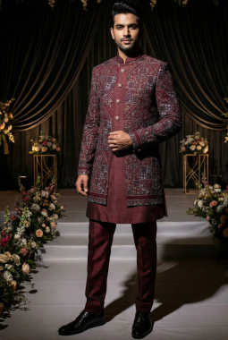 Maroon Jorget Embroidered Mens Indo Western 