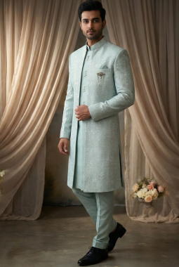 Light Green Art Silk Embroidered Mens Indo Western