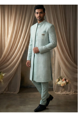 Light Green Art Silk Embroidered Mens Indo Western