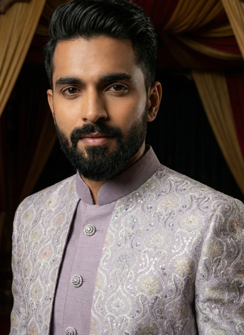 Lilac Art Silk Embroidered Mens Indo Western