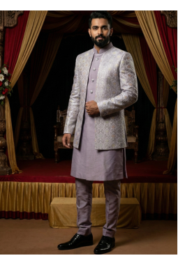 Lilac Art Silk Embroidered Mens Indo Western