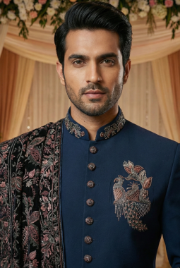 Teal Luchka Patch Work Mens Nawabi Indo Western