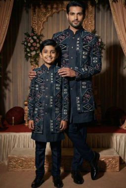 Black Velvet Embroidered Mens Indo Western