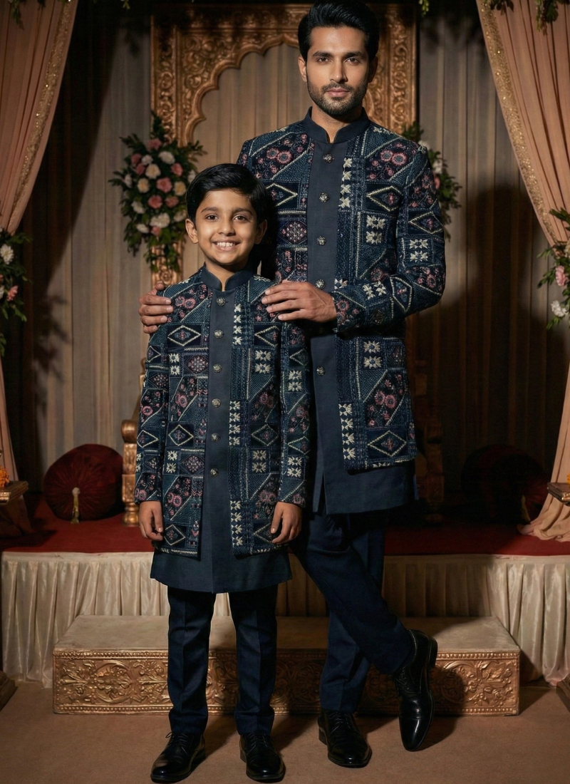 Black Velvet Embroidered Mens Indo Western