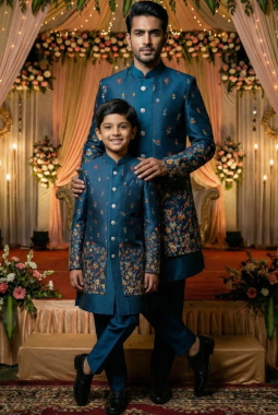 Teal Linen Silk Embroidered Mens Indo Western
