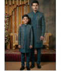 Teal Art Silk Embroidered Mens Indo Western