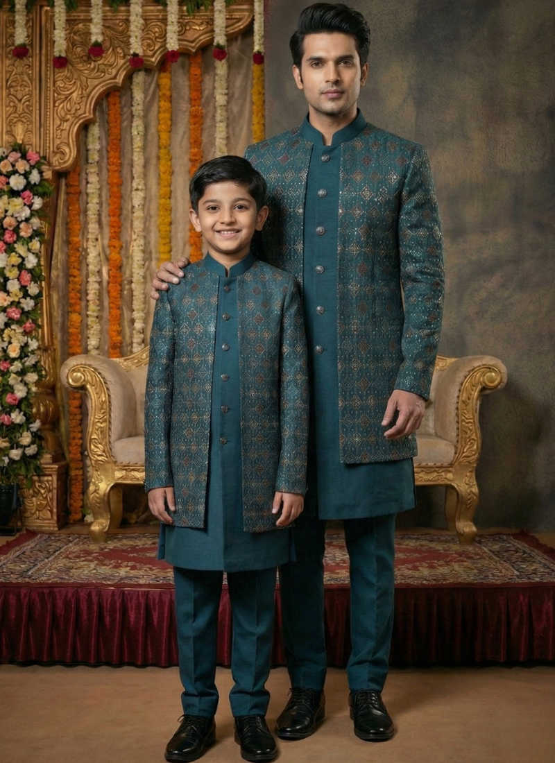 Teal Art Silk Embroidered Mens Indo Western