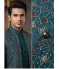 Teal Art Silk Embroidered Mens Indo Western
