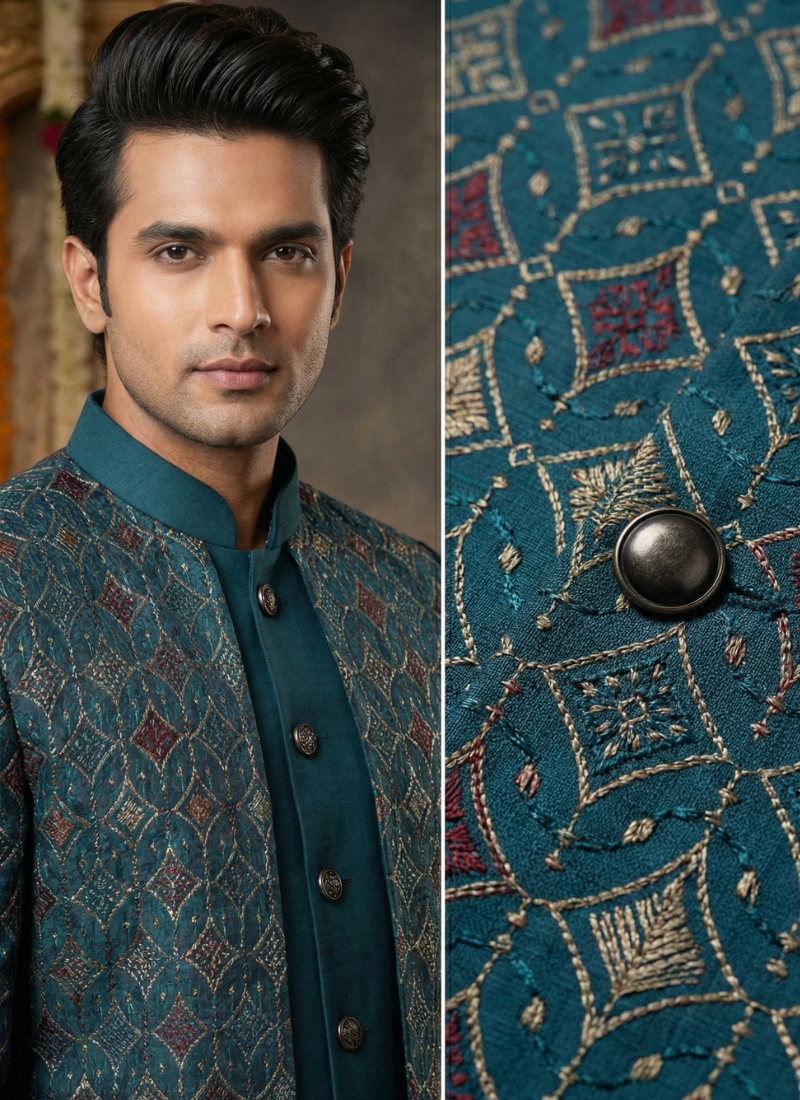 Teal Art Silk Embroidered Mens Indo Western