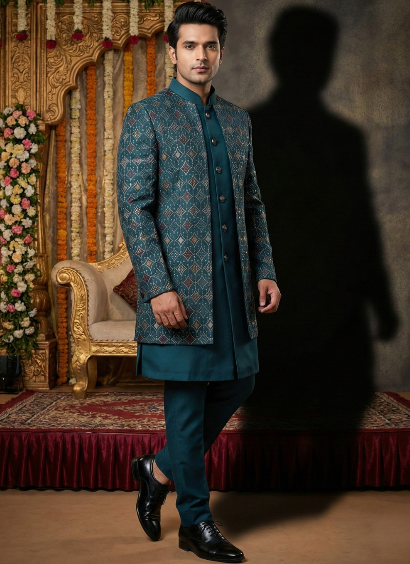 Teal Art Silk Embroidered Mens Indo Western