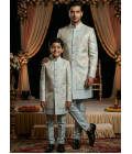 Grey Linen Silk Embroidered Mens Indo Western