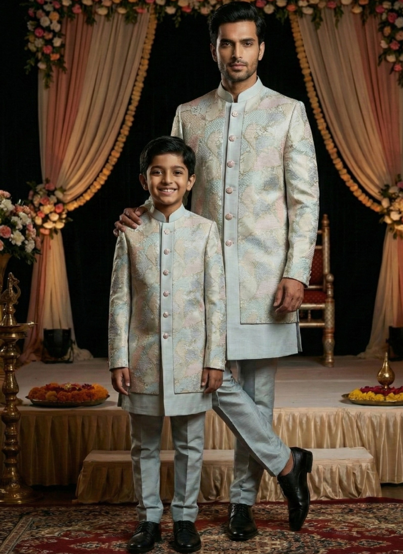 Grey Linen Silk Embroidered Mens Indo Western