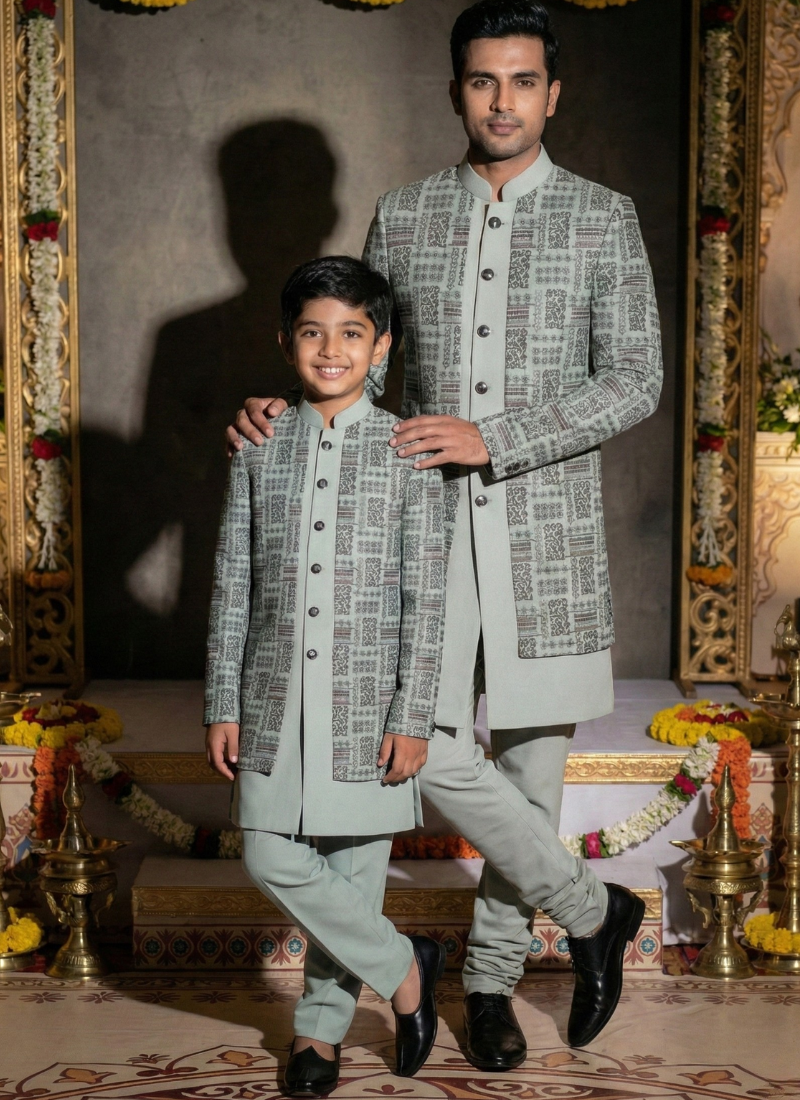 Slate Green Jorget Embroidered Mens Indo Western