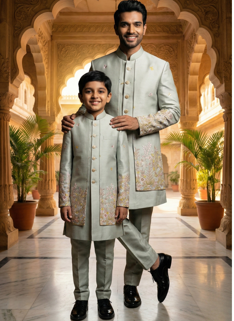 Pista Linen Silk Embroidered Mens Indo Western