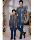 Teal Velvet Embroidered Mens Indo Western