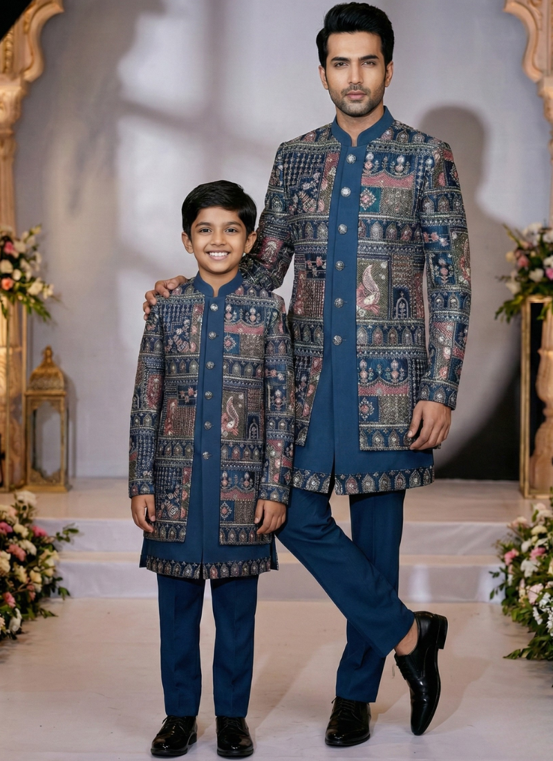 Teal Velvet Embroidered Mens Indo Western