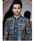 Teal Velvet Embroidered Mens Indo Western