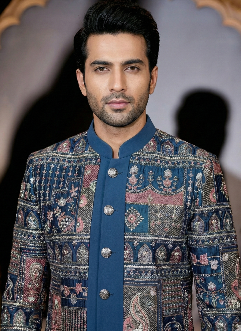 Teal Velvet Embroidered Mens Indo Western