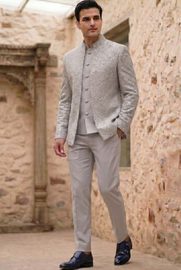 Steel Gray Designer Open Style Jodhpuri Suit 