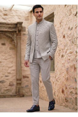 Steel Gray Designer Open Style Jodhpuri Suit 