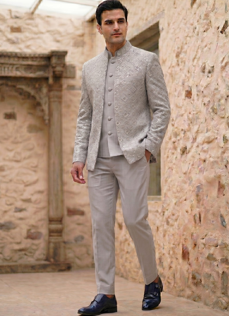 Steel Gray Designer Open Style Jodhpuri Suit 