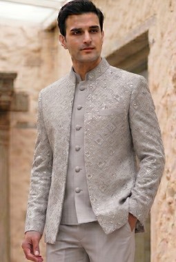 Steel Gray Designer Open Style Jodhpuri Suit 