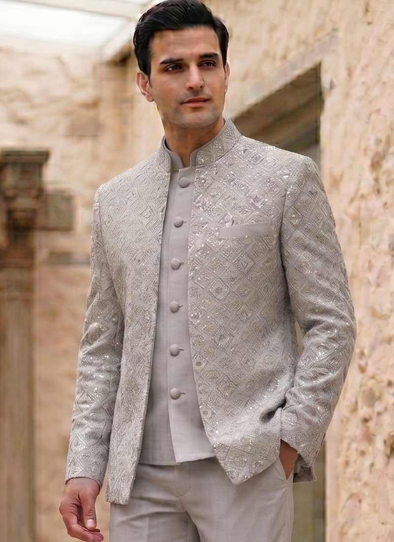Steel Gray Designer Open Style Jodhpuri Suit 