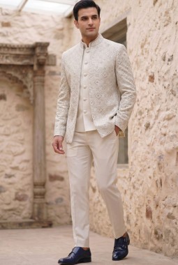 Royal Cream Embroidered Open Jodhpuri Set