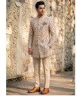 Beige Linen Jute Long Jodhpuri Suit with Embroidery Work