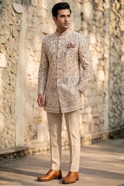Beige Linen Jute Long Jodhpuri Suit with Embroidery Work