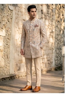 Beige Linen Jute Long Jodhpuri Suit with Embroidery Work