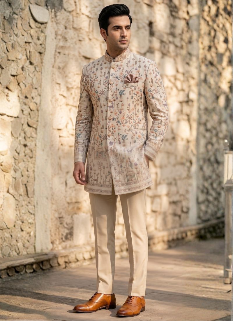 Beige Linen Jute Long Jodhpuri Suit with Embroidery Work