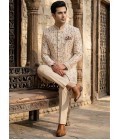 Beige Linen Jute Long Jodhpuri Suit with Embroidery Work