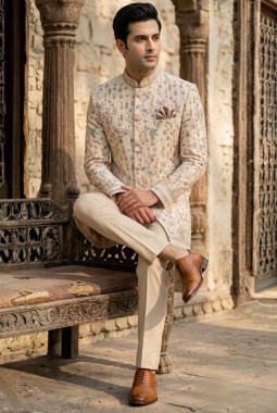 Beige Linen Jute Long Jodhpuri Suit with Embroidery Work