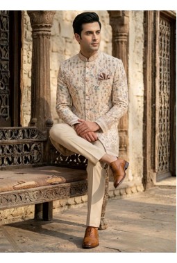 Beige Linen Jute Long Jodhpuri Suit with Embroidery Work