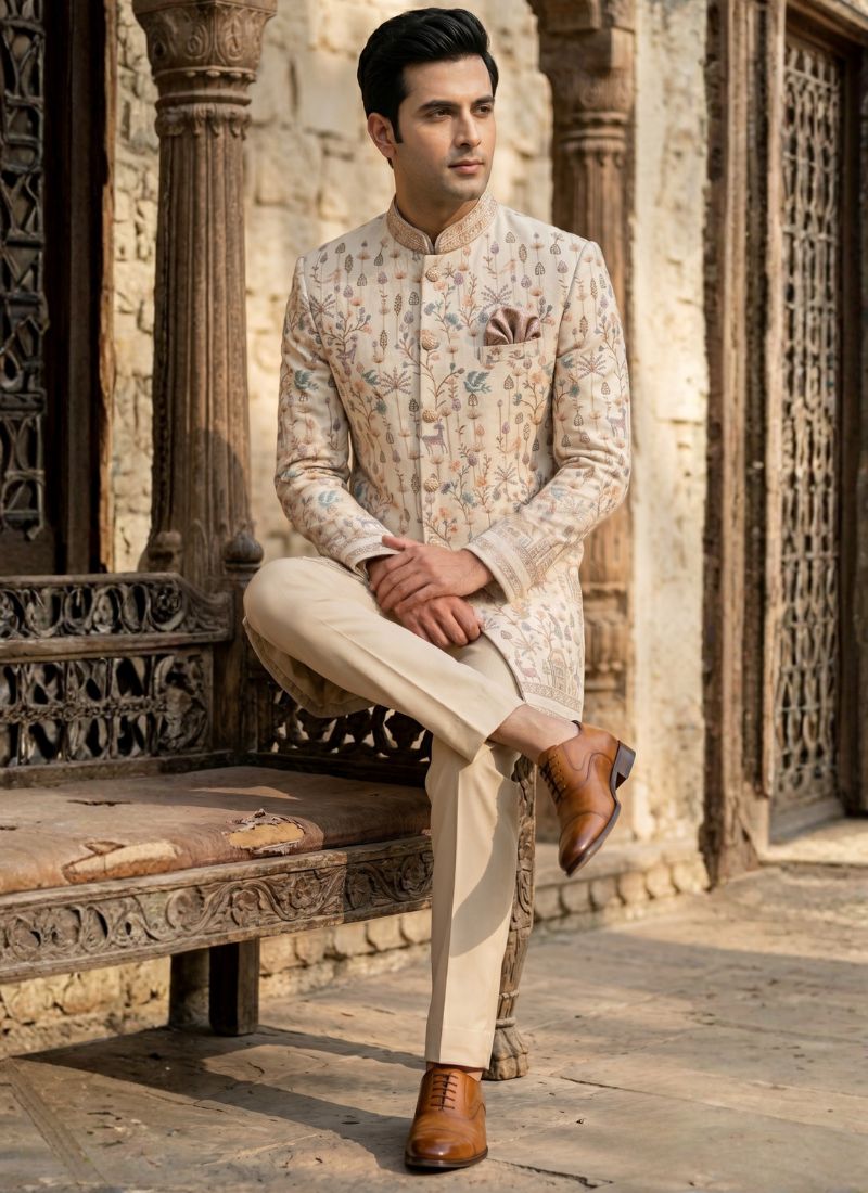 Beige Linen Jute Long Jodhpuri Suit with Embroidery Work
