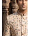 Beige Linen Jute Long Jodhpuri Suit with Embroidery Work