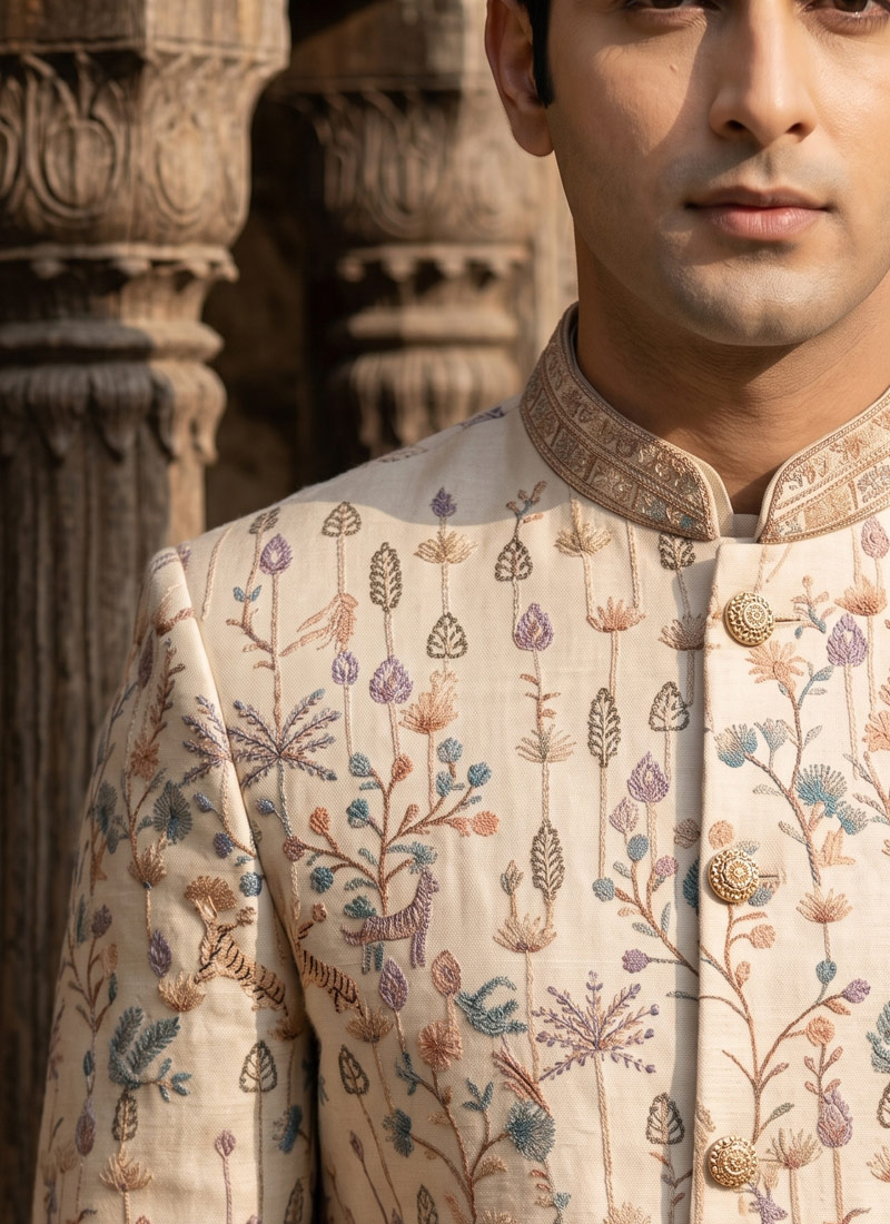 Beige Linen Jute Long Jodhpuri Suit with Embroidery Work