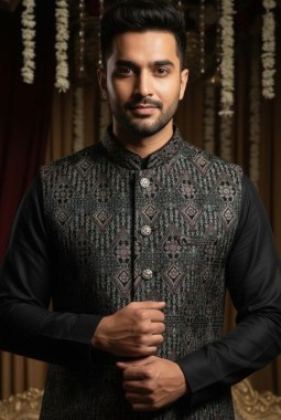 Black Velvet Sequins Embroidered Mens Koti