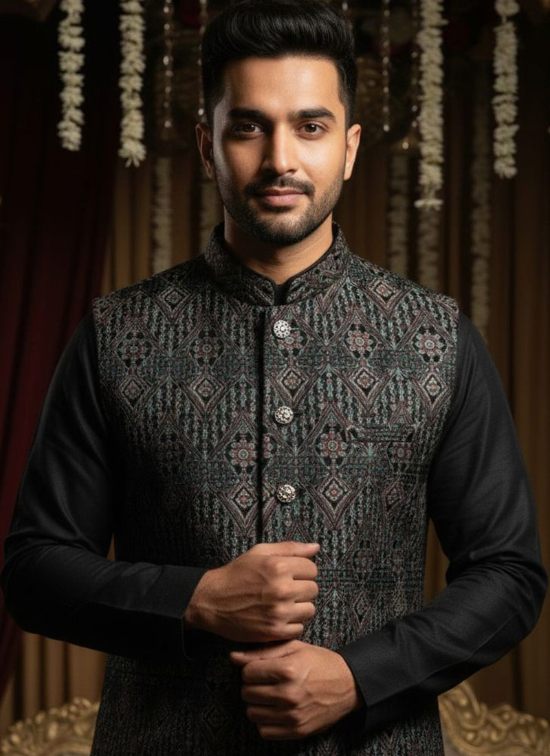 Black Velvet Sequins Embroidered Mens Koti