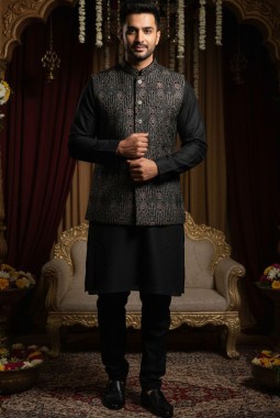 Black Velvet Sequins Embroidered Mens Koti