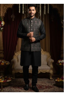 Black Velvet Sequins Embroidered Mens Koti