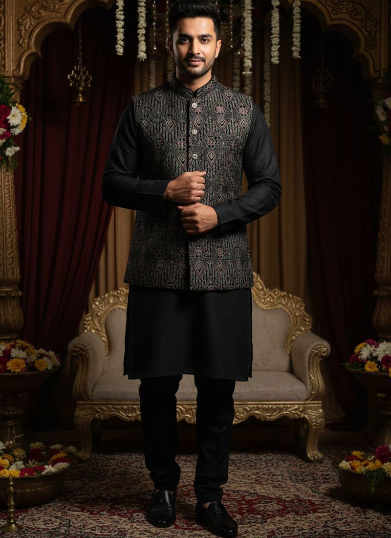 Black Velvet Sequins Embroidered Mens Koti
