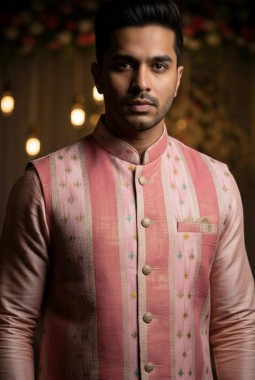 Pink Silk Multi Color Zari Mens Koti