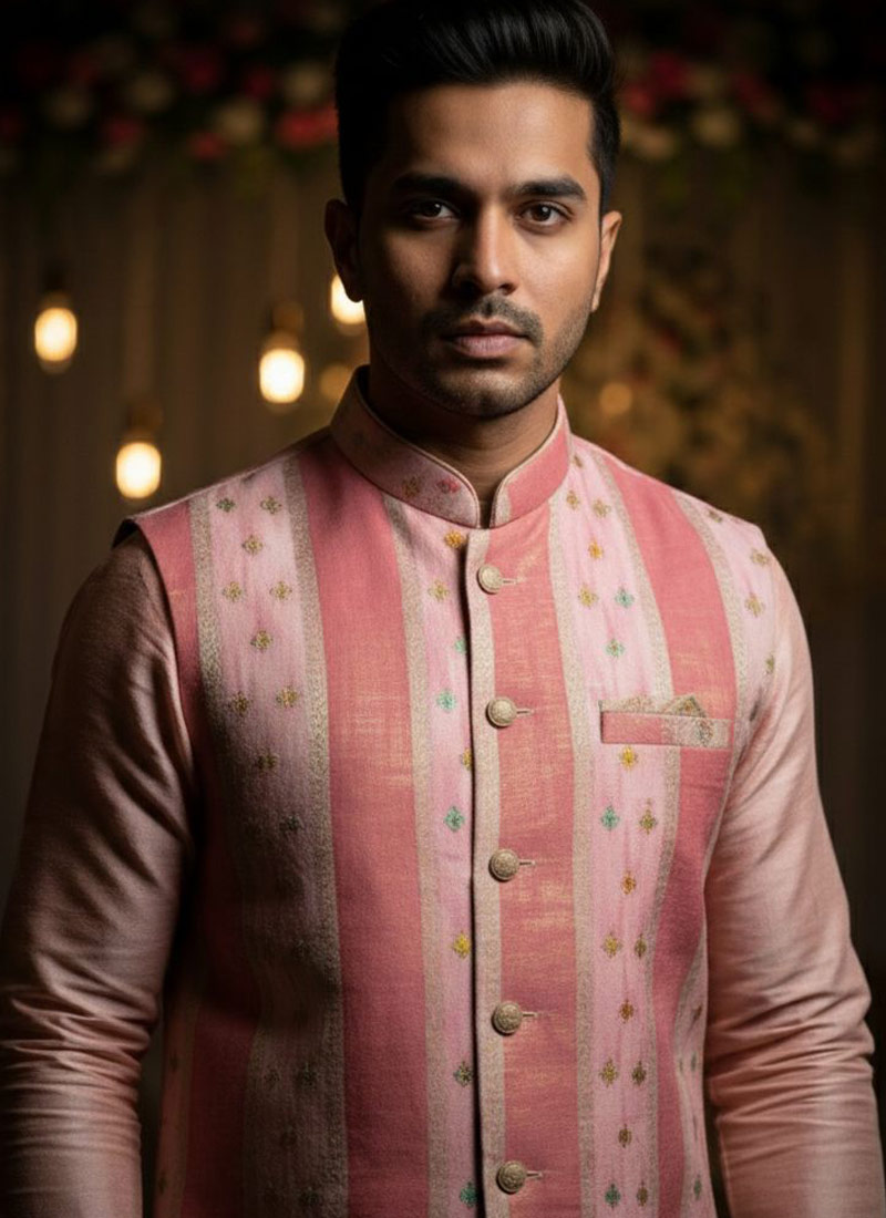 Pink Silk Multi Color Zari Mens Koti