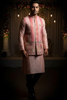 Pink Silk Multi Color Zari Mens Koti