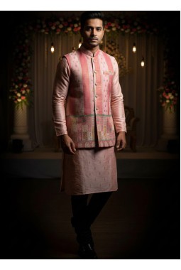 Pink Silk Multi Color Zari Mens Koti