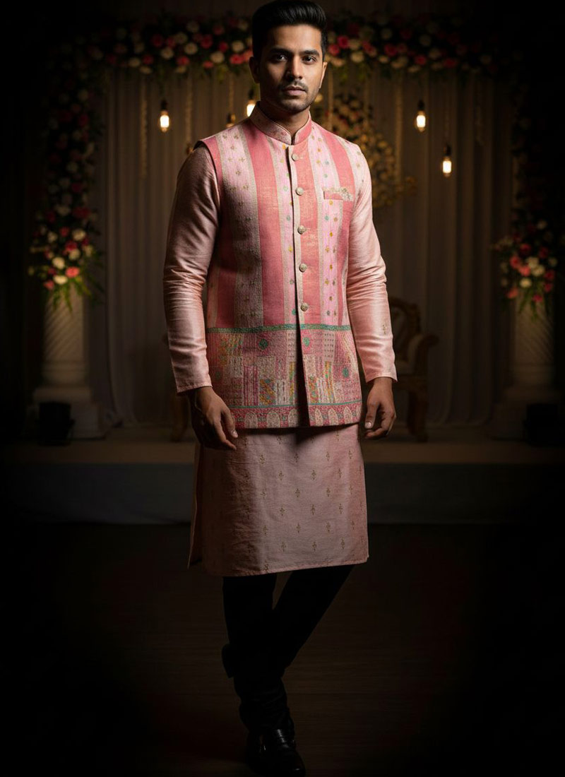 Pink Silk Multi Color Zari Mens Koti