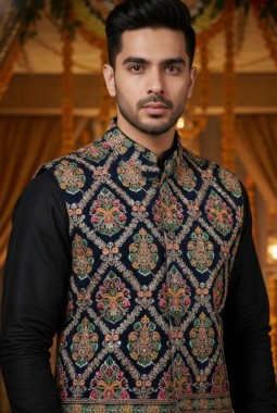 Grey Silk Embroidered Mens Koti