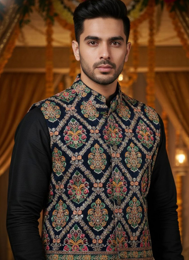 Grey Silk Embroidered Mens Koti